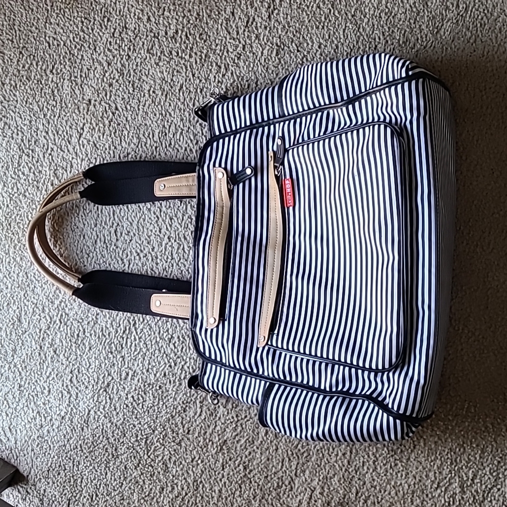 SKIP HOP 14 Pocket Diaper Bag Black and White Stripes Tan Leather Like NEW